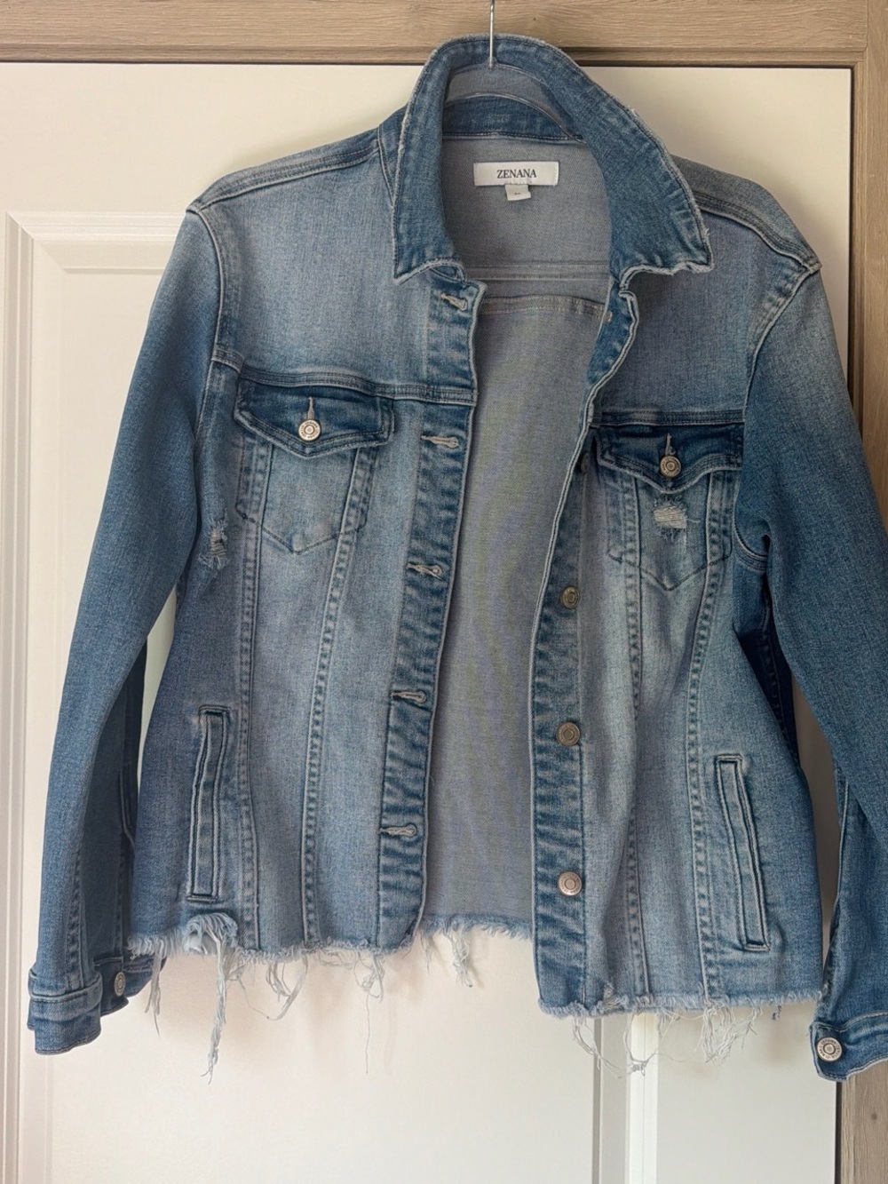 Zenana Outfitters Faded Light Blue Distressed Denim Jacket